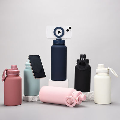 Sport geïsoleerde roestvrijstalen waterfles met mobiele telefoon montage stand magnetische houder duurzaam