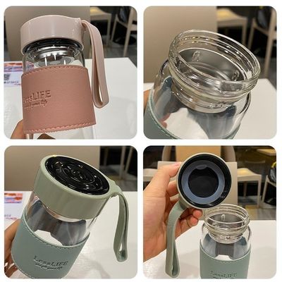 480 ml aangepaste borosilicaat glas waterfles met lederen mouw en thee-infuser
