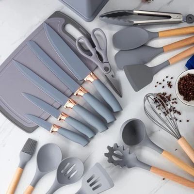 Houten handvat 19-stuk siliconen keukengereedschap met snijplank opslag emmer