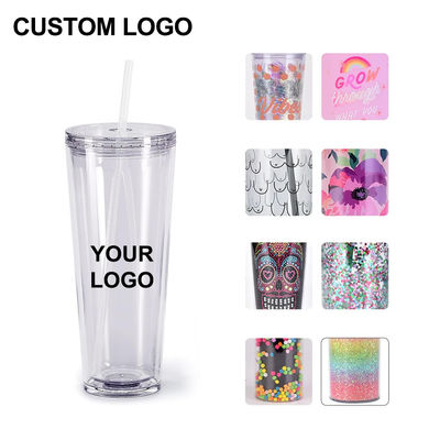 Herbruikbare heldere bekers 24 oz geïsoleerde dubbele wand plastic tumbler met deksel en stro