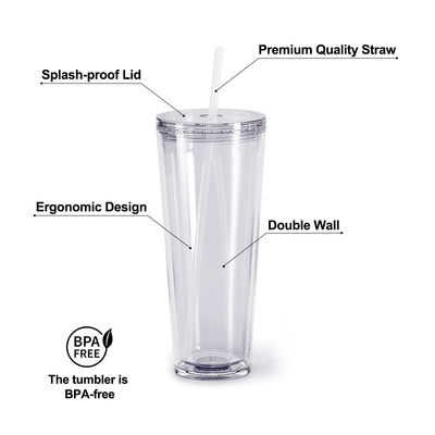 Herbruikbare heldere bekers 24 oz geïsoleerde dubbele wand plastic tumbler met deksel en stro