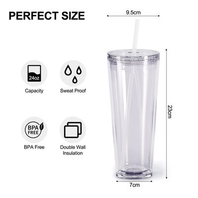 Herbruikbare heldere bekers 24 oz geïsoleerde dubbele wand plastic tumbler met deksel en stro