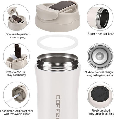 Ruimtegeïsoleerde reiskoffiebottel van roestvrij staal 14 oz/400 ml met deksel en stro