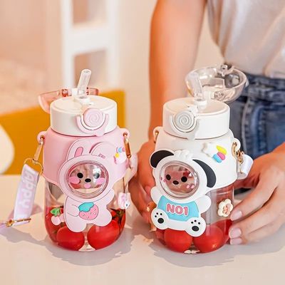 Kinderen waterfles Cartoon schattig plastic beker met strooi type draagbare ontwerp