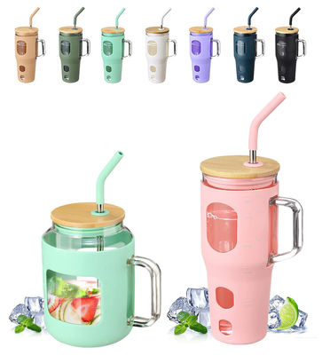 Custom logo herbruikbare glas tumbler 32oz met bamboe deksel handvat en siliconen mouw