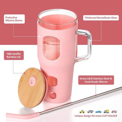 Custom logo herbruikbare glas tumbler 32oz met bamboe deksel handvat en siliconen mouw