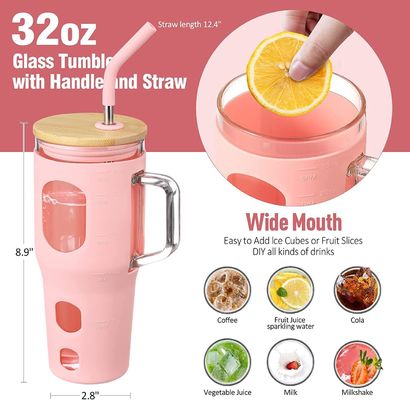 Custom logo herbruikbare glas tumbler 32oz met bamboe deksel handvat en siliconen mouw