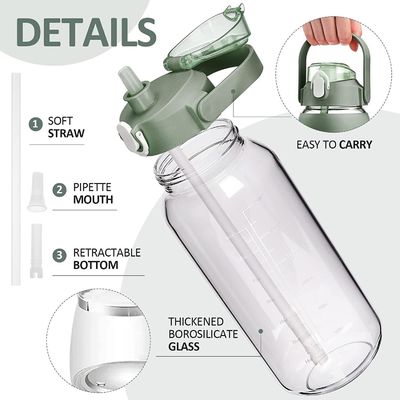 64 oz BPA-vrije glazen waterfles met stro en tijdmarker Motivatieve sportfles