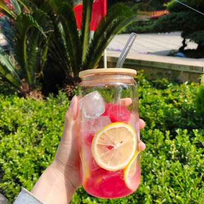Keuken BPA-vrij borosilicaat glas waterfles met bamboe deksels en glazen stro