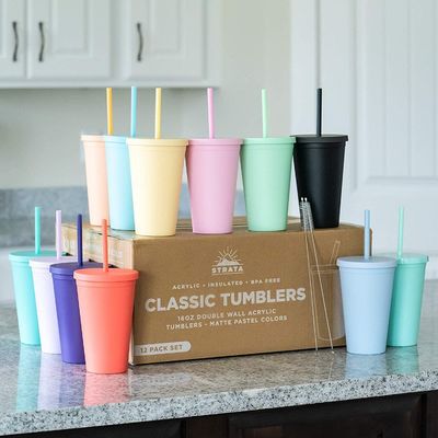 Custom AS PP Double Wall gekleurde acryl matte zwarte plastic tumbler cups met deksel en stro