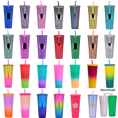 16oz 24oz koffiebeker dubbele wand plastic iriserende matte bekers tumbler met stro