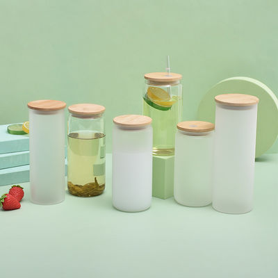 12oz/16oz/25oz glas melk mok sublimatie bier blik in de vorm van een beker met bamboe deksel en stro