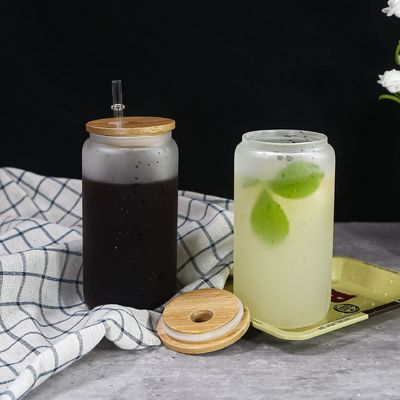 12oz/16oz/25oz glas melk mok sublimatie bier blik in de vorm van een beker met bamboe deksel en stro