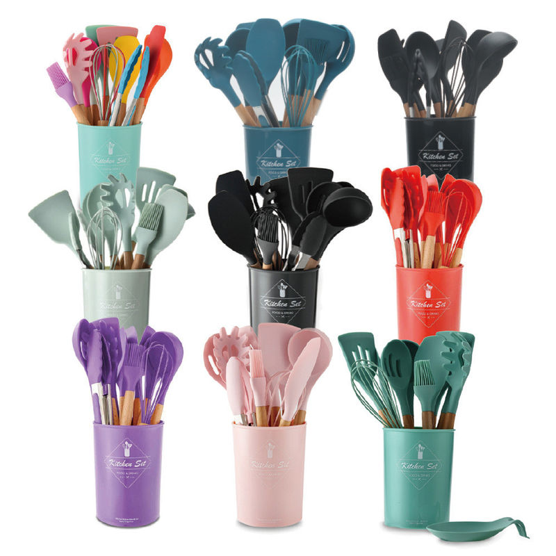 Outdoor Custom Logo Houten handvat spatulas Silicone Keukengereedschap Spatula Set met opslag emmer