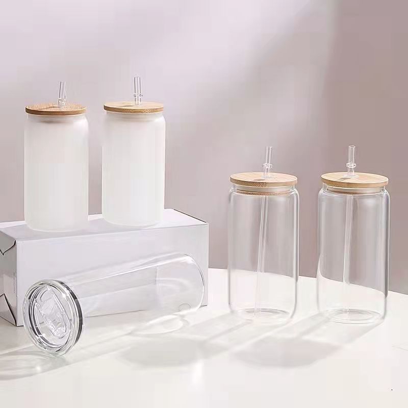12oz/16oz/25oz glas melk mok sublimatie bier blik in de vorm van een beker met bamboe deksel en stro