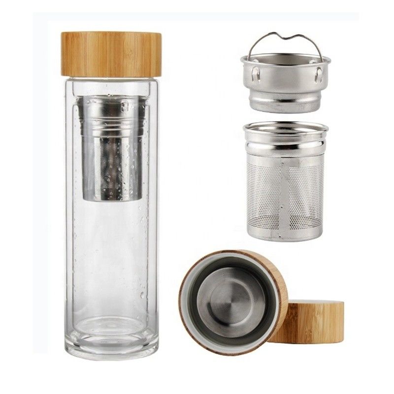 Hoog borosilicaat 350 ml glazen waterfles met thee en water scheiding kopje infuser inbegrepen
